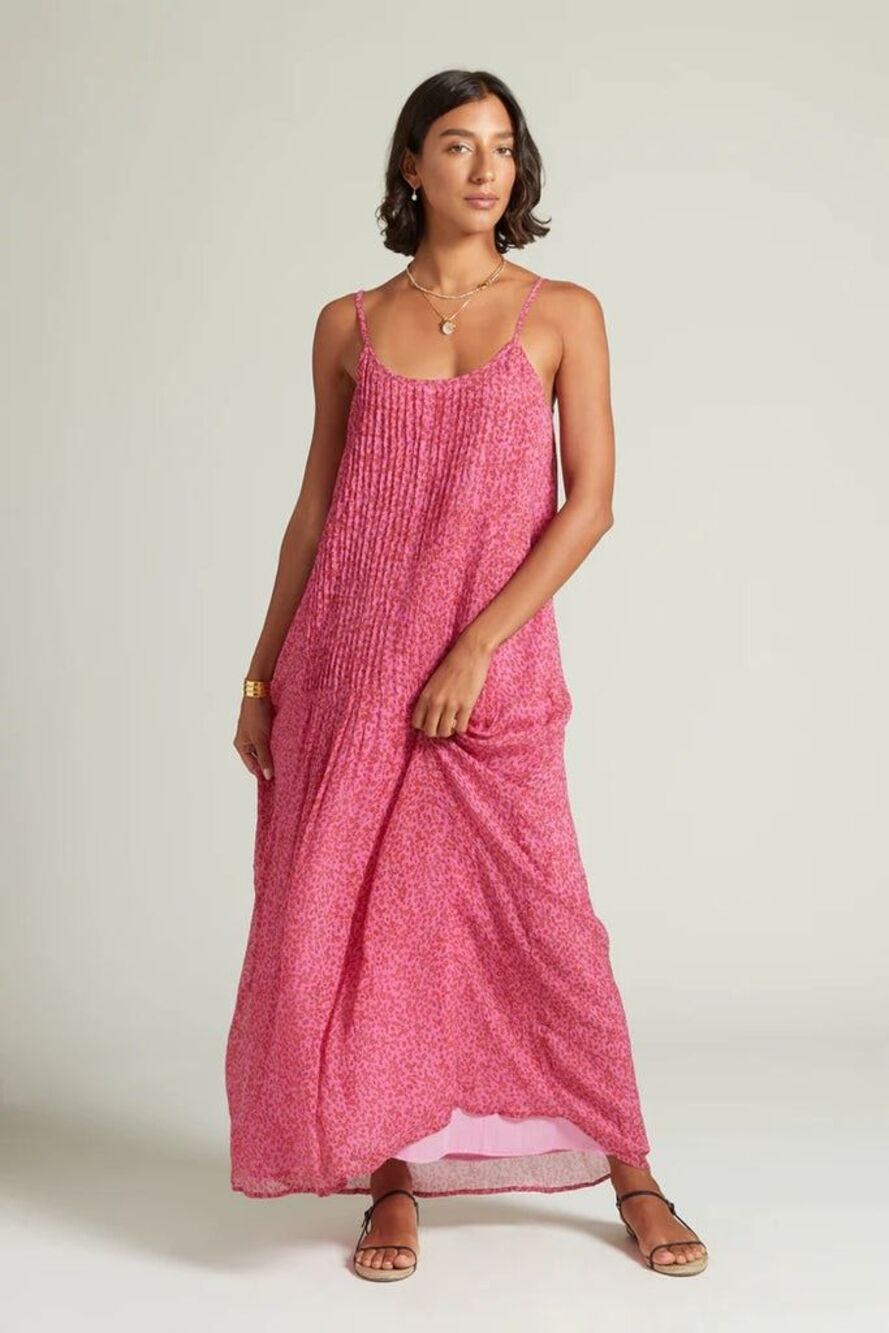 Chan Luu Silk Pin Tuck Maxi Dress Pink Floral Size Small